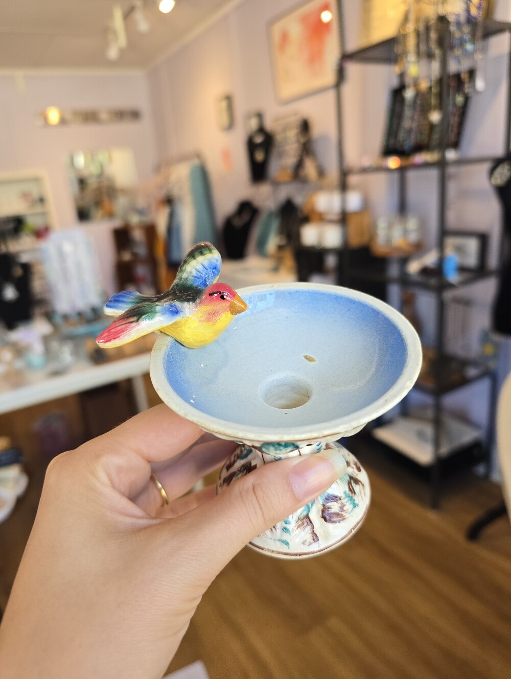 VTG Italian Hand-Painted Ceramic Bird Bath Candle Holder